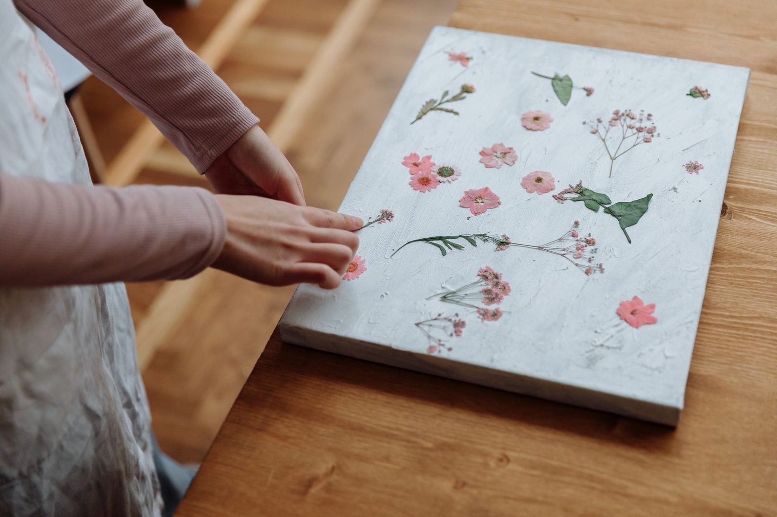 Pressed dried flowers arranged on pale paper